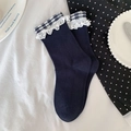 Calze al polpaccio blu navy con pizzo bianco e motivo a quadri in stile collegiale JK - Blu Navy (Prodotto reale quasi Nero)
