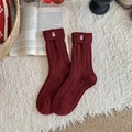 Dark red cable knit wool socks with snowman embroidery in a warm holiday setting - One Size / Red (Snowman Embroidery)