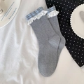 Calze grigie a maglia con polsini a quadri blu e bordo in pizzo bianco stile giapponese - Grigio