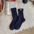 Dark blue thermal wool socks with Santa Claus embroidery and colorful nep yarn - One Size / Navy Blue (Santa Embroidery)