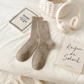 Warm oatmeal men's wool socks with vertical stripes, presented in a cozy home setting - One Size / Brown