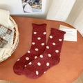 Vintage burgundy knit wool crew socks with white polka dots and retro rolled cuffs - One Size / Red