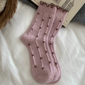 Pink mid-tube wool socks with brown polka dot stripes and ruffled edges for women - One Size / Pink