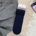 Dark blue knit crew socks with striped ribbed cuffs on a white textured background - One Size / Navy Blue