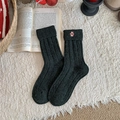 Dark charcoal wool blend knit socks with embroidered gingerbread man on folded cuff - One Size / Dark Grey (Gingerbread Man Embroidery)