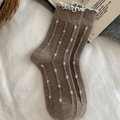 Brown wool crew socks with white polka dots, vertical stripes, and ruffled lettuce trim - One Size / Brown