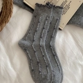 Gray mid-calf wool socks featuring polka dots and decorative ruffled lettuce edges - One Size / Light Gray
