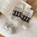 Grey vintage knit mid-calf socks with red hearts and dark brown pine tree patterns - One Size / Off White