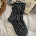 Deep grey wool mid-calf socks with light blue polka dots and ruffles for women - One Size / Dark Gray