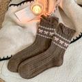 Deep brown wool mid-calf socks with pink bows, frill cuffs, and knit texture - One Size / Dark Coffee