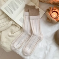 Calze di lana a maglia color crema con bordi marroni e strisce verticali blu eleganti - Taglia unica / Bianco Sporco