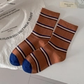 Vintage brown striped cotton crew socks with blue toe contrast in retro Japanese style - Orange