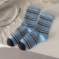 Sky blue striped cotton crew socks with vintage brown accents and soft knit texture - Blue