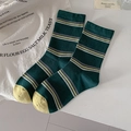 Dark green striped mid-calf socks with yellow contrast toe and knit cotton texture - Green
