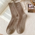 Brown ribbed knit wool socks for women with vintage shell button and metal pendant - One Size / Light Coffee