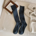 Dark grey knee high knit socks with vertical ribbed texture and wide elastic cuff - One Size / Dark Gray
