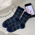 British style plaid mid-calf socks in navy blue and green cotton knit for women - Navy Blue