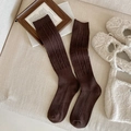Dark brown knee-high socks with retro vertical stripes and diamond knit texture - One Size / Coffee