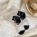 Calze invernali in lana beige con ricamo gatto carino e tallone a contrasto - Taglia unica / Bianco Sporco
