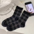 British style mid-calf socks with retro green plaid pattern and ribbed cuffs for women - Black