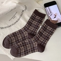 Chaussettes vintage à carreaux de style britannique en tricot marron et bleu - Café