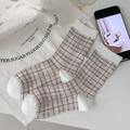 Chaussettes mi-mollet à carreaux vintage britanniques en tricot de coton marron et beige - Blanc Cassé