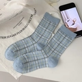 Chaussettes mi-hautes bleu clair style britannique avec motif écossais jaune et gris - Rose bonbon