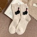 Chaussettes en laine mouchetée crème avec broderie chat et nœud rose femme - Taille unique / Chat noir