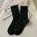 Vintage black wool mid-calf socks with white polka dots and scalloped lace trim - One Size / Black