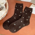 Retro dark brown wool socks with pink floral pattern for women in autumn and winter - One Size / Brown