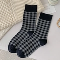 Women's Korean style black and grey plaid mid-calf socks with elastic ribbed cuffs - Black
