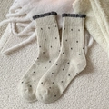 Beige wool blend polka dot socks with vintage charcoal grey ruffled cuffs for women - One Size / Off-white