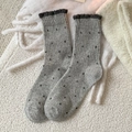 Light grey polka dot wool socks with dark grey frill trim for autumn and winter - One Size / Light Gray