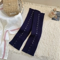Navy blue ribbed knit leg warmers with vintage button split design for winter style - One Size / Dark Blue