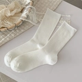 Vertical ribbed knit white mid-calf socks in a minimalist Korean style for women - One Size / White
