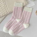 Pink and white plaid cotton crew socks with a classic knit texture and cozy aesthetic - Pink