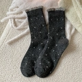 Dark grey wool blend crew socks with white polka dots and delicate ruffled edges - One Size / Dark Gray