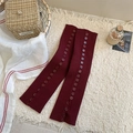Burgundy knitted leg warmers with vertical ribbing and button split detail - One Size / Red
