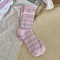 Pink and grey striped knit crew socks with ribbed texture for a stylish casual look - One Size / Pink
