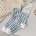 Sweet light blue and white gingham mid-calf socks with white ribbed cuffs for women - Blue