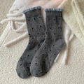 Dark grey wool mid-calf socks with black polka dots and blue scalloped trim edges - One Size / Medium Grey