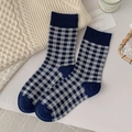 Blue and gray plaid mid-calf socks with navy blue toe and heel contrast design - Navy Blue