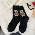 Cute black thermal wool socks with flocked bear pattern in cozy knit style - Black