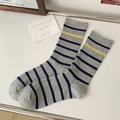 Ribbed mid-calf cotton socks in heather grey with navy and yellow horizontal stripes - One Size / Gray