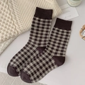 Plaid pattern mid-calf socks in brown and beige colors with a soft cotton texture - Dark Coffee