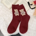 Dark red mid-calf wool socks featuring a cute cartoon flocked bear pattern for winter - Red