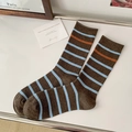 Brown and sky blue striped cotton crew socks with orange trim and ribbed cuffs - One Size / Dark Coffee with Blue Stripes
