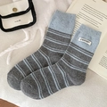 Grey and light blue striped mid-calf knit socks with a minimalist fabric label - One Size / Medium Grey