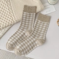 Cozy khaki plaid mid-calf cotton socks in Korean style for a sweet autumn look - Light Coffee White Grid