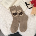 Cozy brown wool socks featuring a cute flocked teddy bear design in college style - Brown